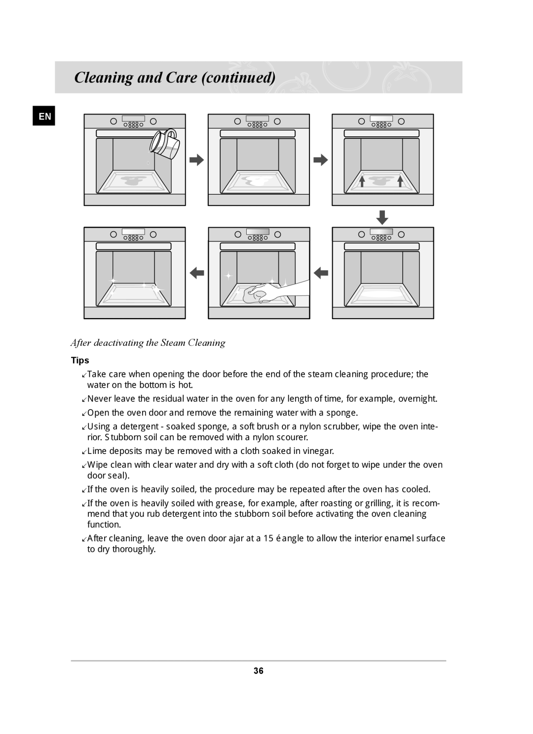 Samsung BT62CDST/BOL manual After deactivating the Steam Cleaning, Tips 