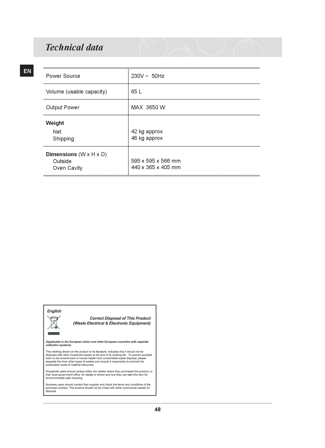 Samsung BT62CDST/BOL manual Technical data, Weight, Dimensions W x H x D 