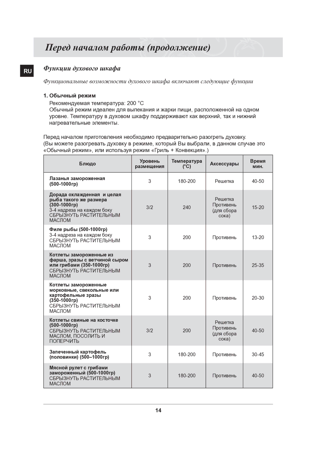 Samsung BT62CDSTR/BWT manual Функции духового шкафа, Обычный режим 