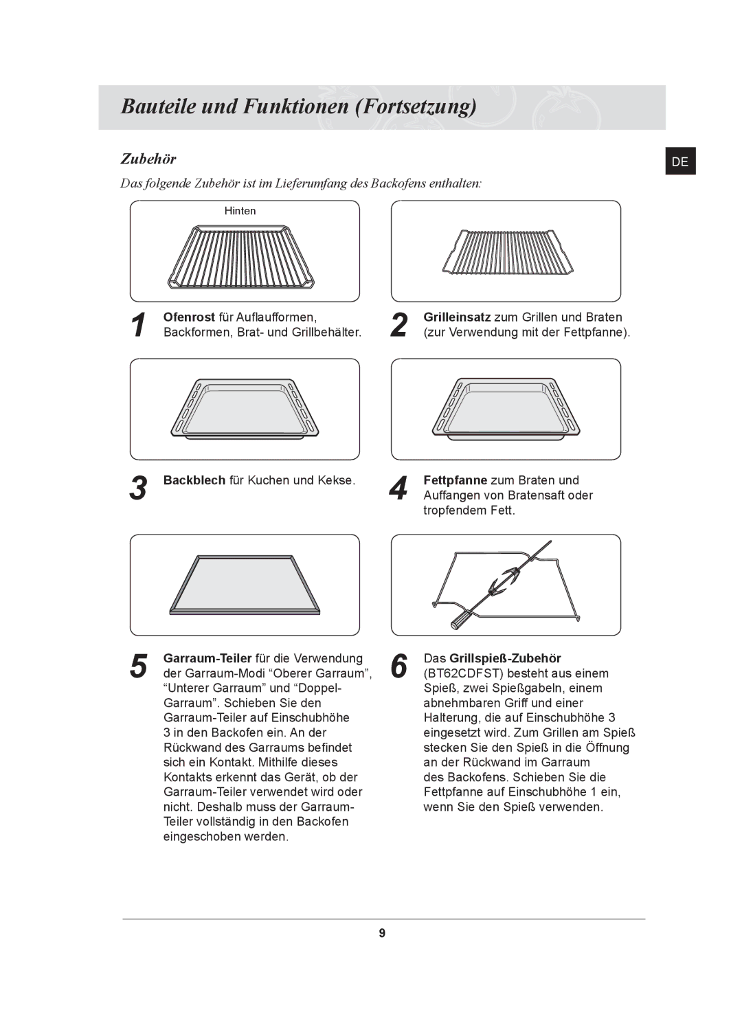 Samsung BT62CDST/XEG manual Backblech für Kuchen und Kekse Fettpfanne zum Braten und, Das Grillspieß-Zubehör 