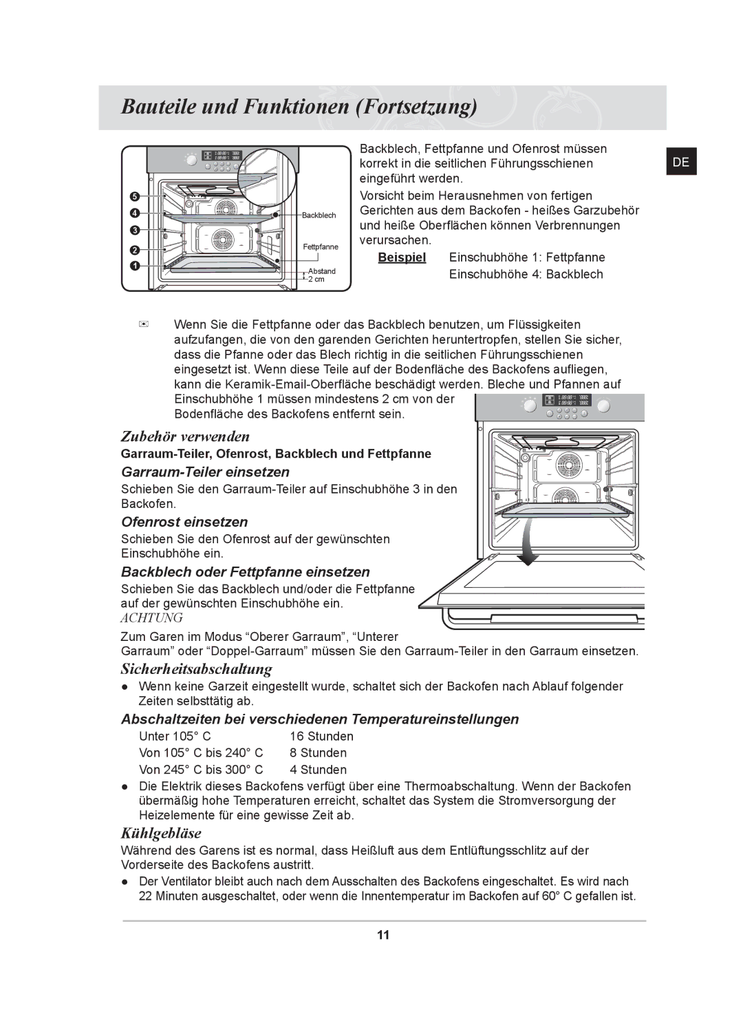 Samsung BT62CDST/XEG manual Zubehör verwenden, Sicherheitsabschaltung, Kühlgebläse 