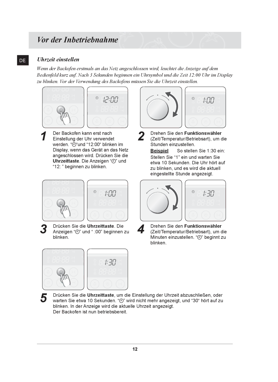 Samsung BT62CDST/XEG manual Vor der Inbetriebnahme, Uhrzeit einstellen, Beispiel 