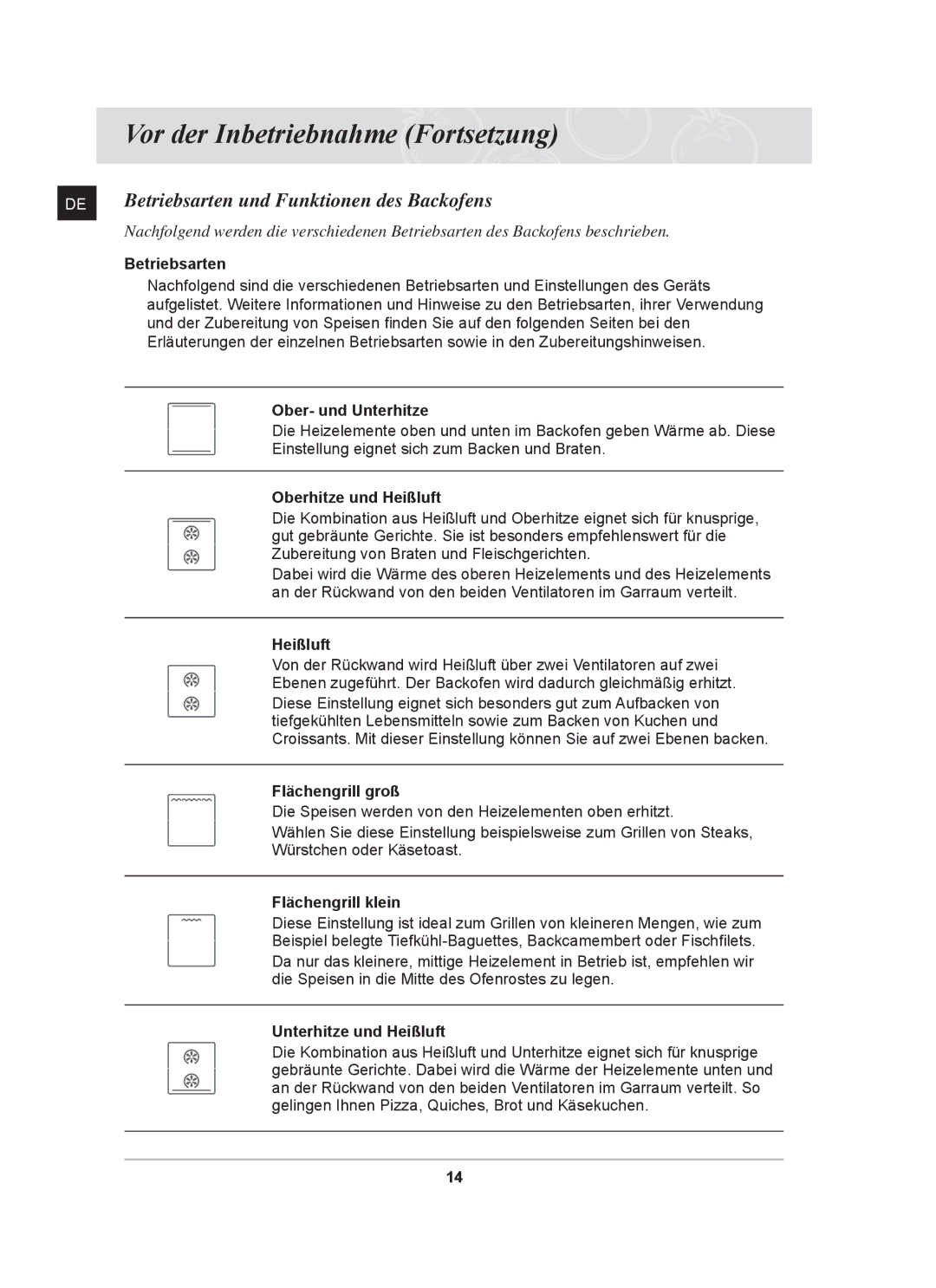 Samsung BT62CDST/XEG manual DE Betriebsarten und Funktionen des Backofens 