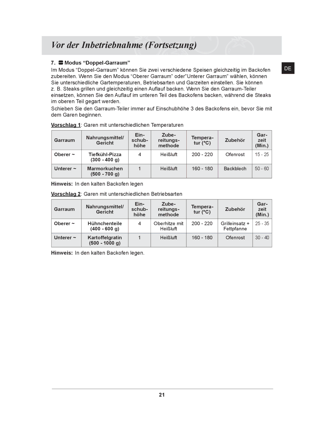 Samsung BT62CDST/XEG manual Modus Doppel-Garraum 