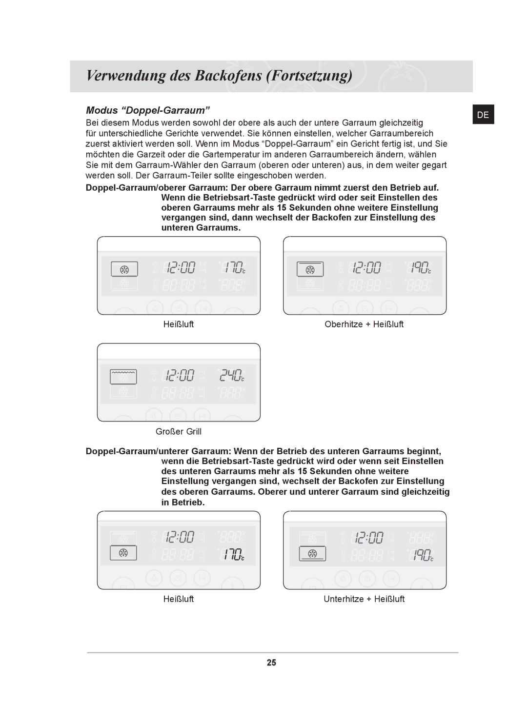 Samsung BT62CDST/XEG manual Modus Doppel-Garraum 