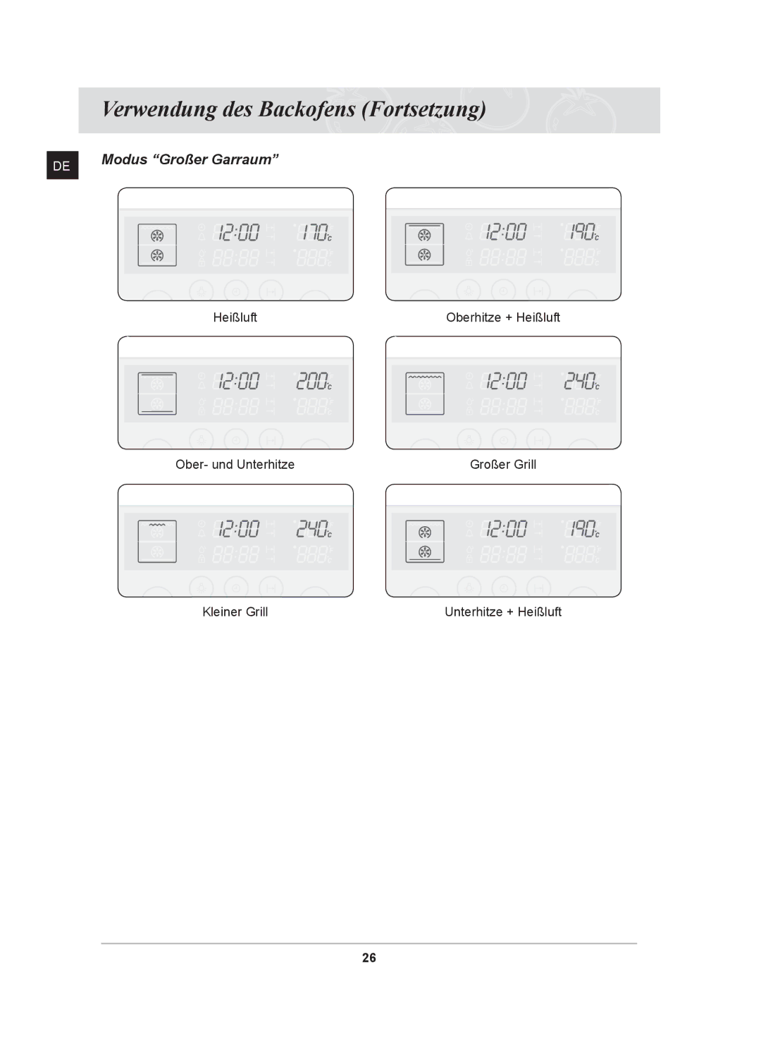 Samsung BT62CDST/XEG manual Modus Großer Garraum 