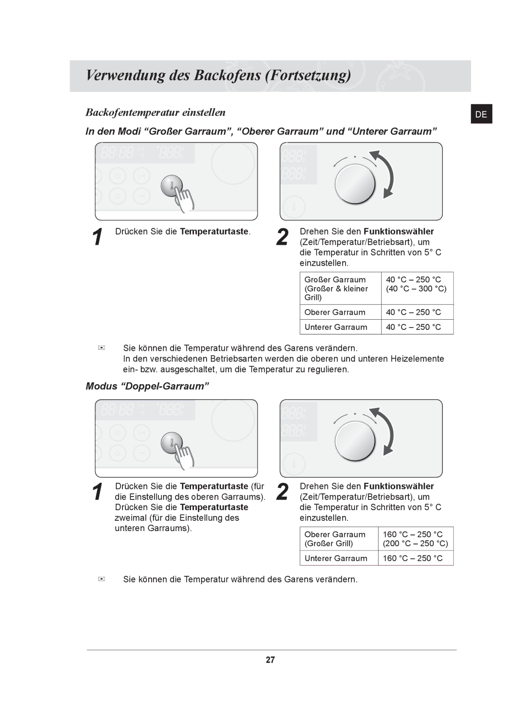 Samsung BT62CDST/XEG manual Backofentemperatur einstellen, Den Modi Großer Garraum, Oberer Garraum und Unterer Garraum 