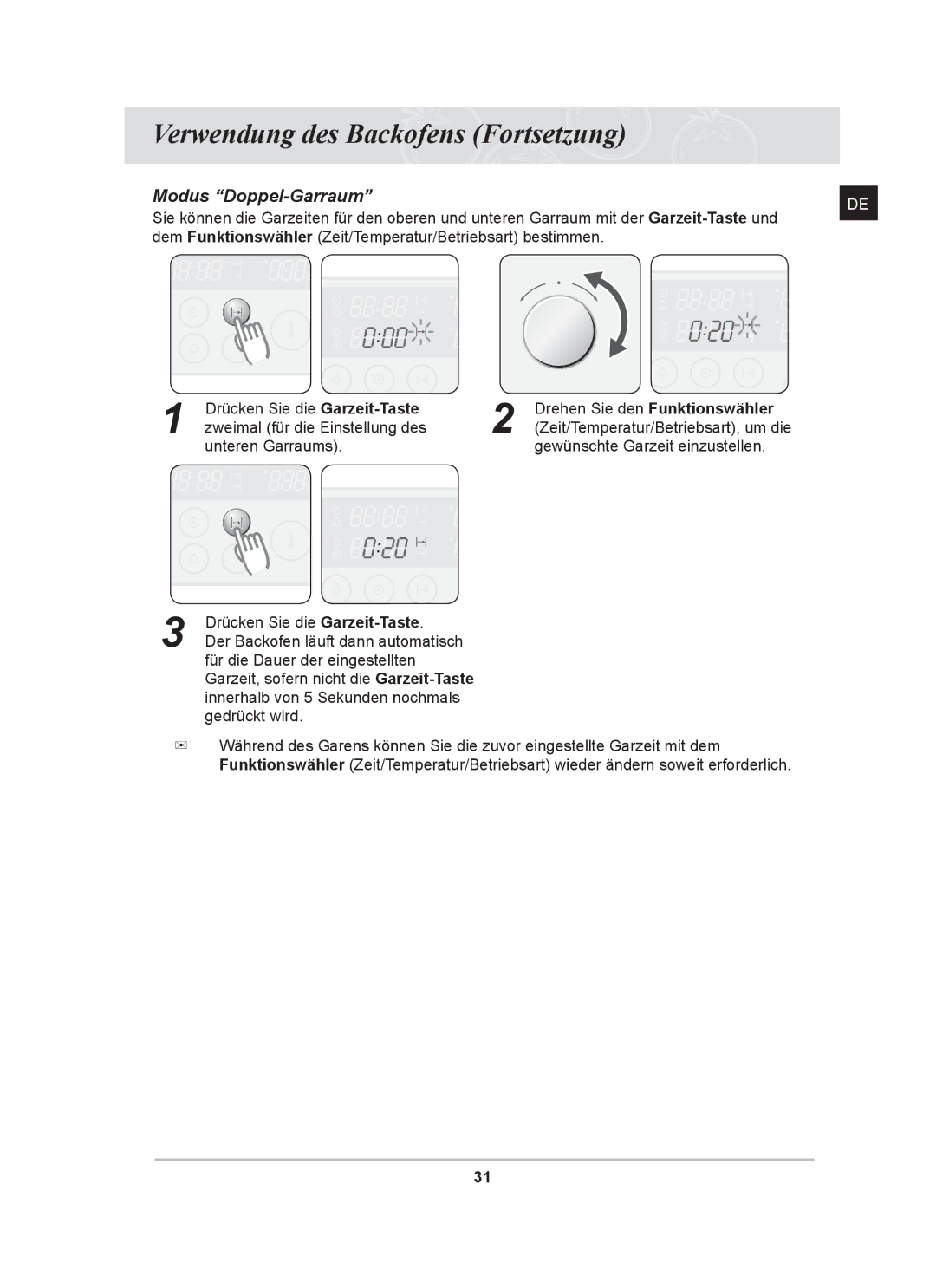 Samsung BT62CDST/XEG manual Dem Funktionswähler Zeit/Temperatur/Betriebsart bestimmen 