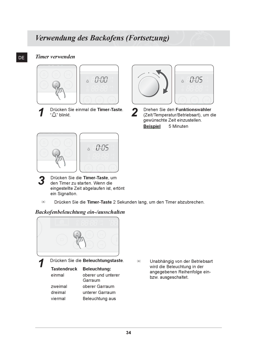 Samsung BT62CDST/XEG manual Timer verwenden, Backofenbeleuchtung ein-/ausschalten, Tastendruck Beleuchtung 