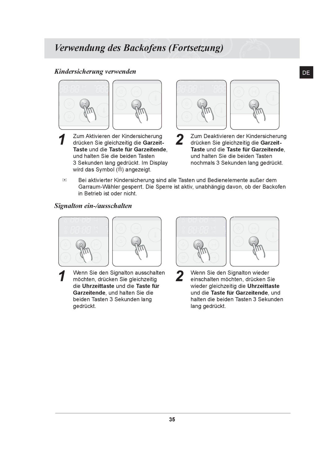 Samsung BT62CDST/XEG manual Kindersicherung verwenden, Signalton ein-/ausschalten 