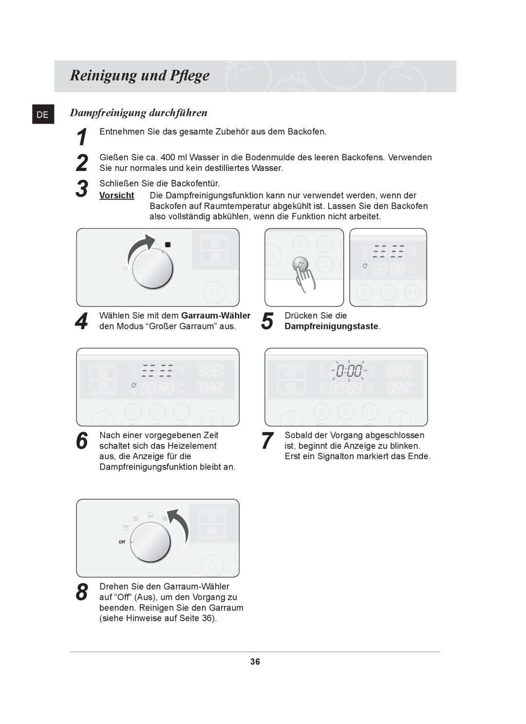 Samsung BT62CDST/XEG manual Reinigung und Pflege, Dampfreinigung durchführen 