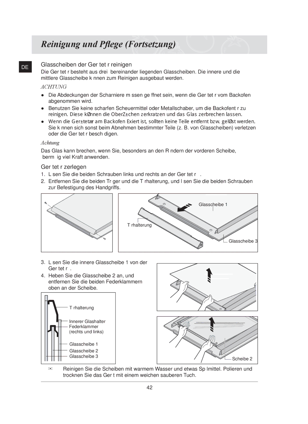 Samsung BT62CDST/XEG manual Glasscheiben der Gerätetür reinigen, Gerätetür zerlegen 