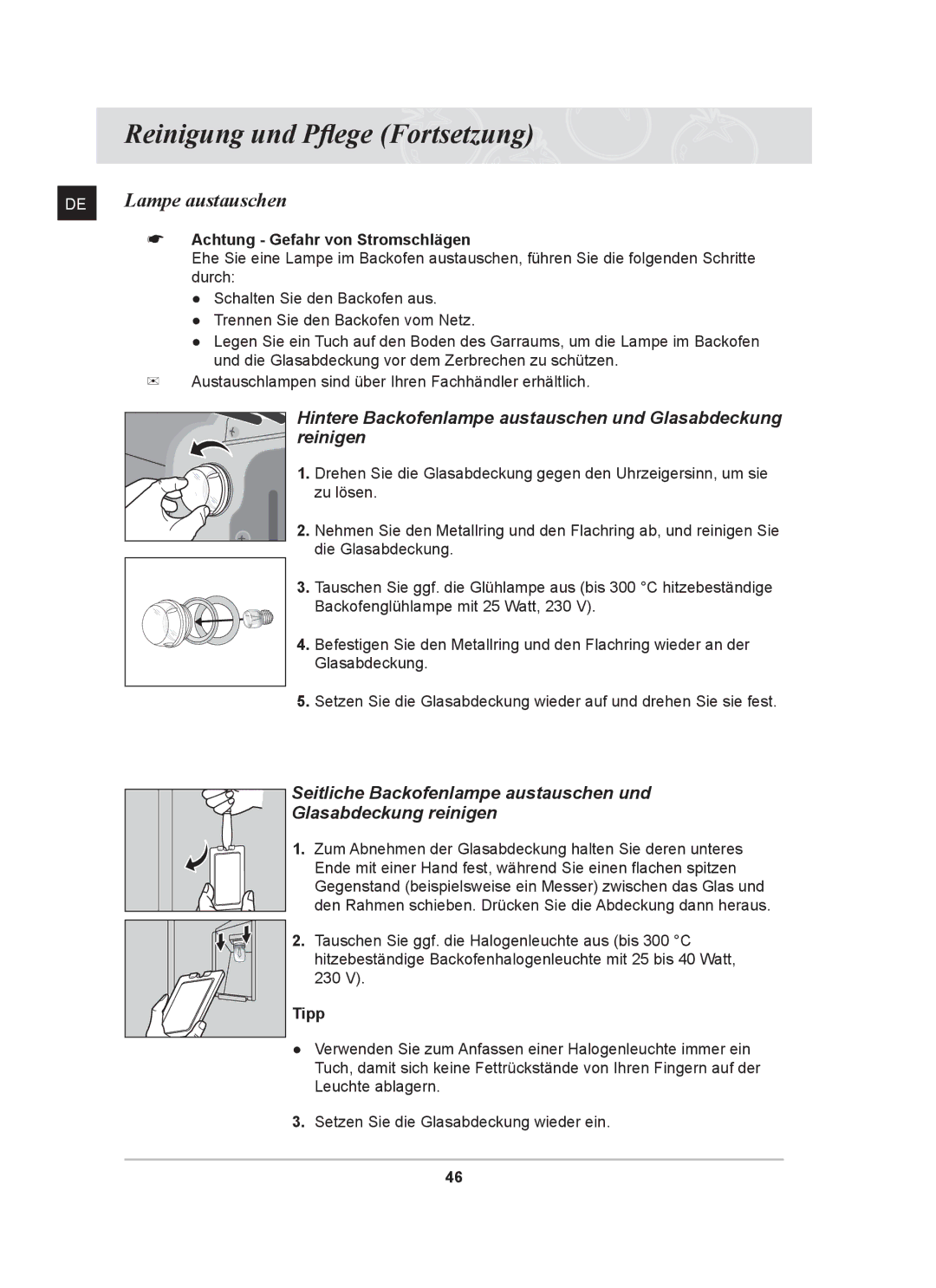 Samsung BT62CDST/XEG manual Lampe austauschen, Achtung Gefahr von Stromschlägen, Tipp 