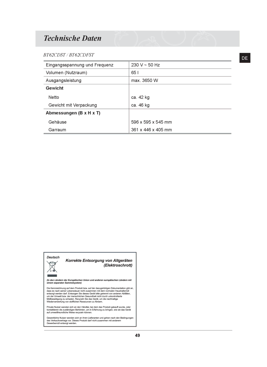 Samsung BT62CDST/XEG manual Technische Daten, Gewicht, Abmessungen B x H x T 