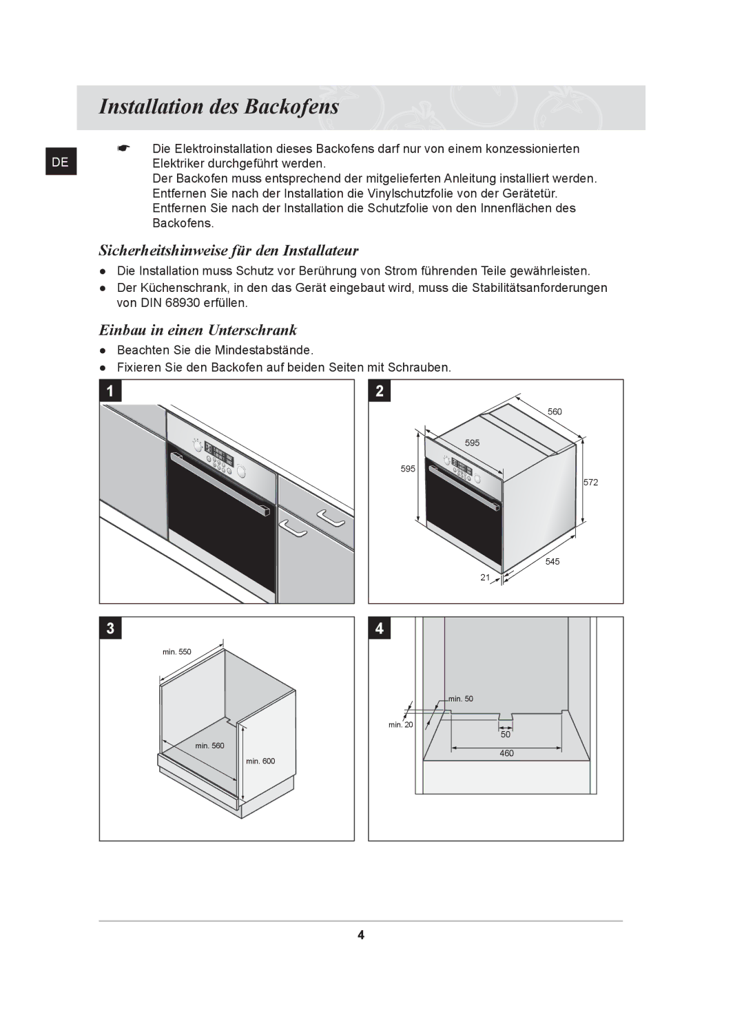 Samsung BT62CDST/XEG Installation des Backofens, Sicherheitshinweise für den Installateur, Einbau in einen Unterschrank 