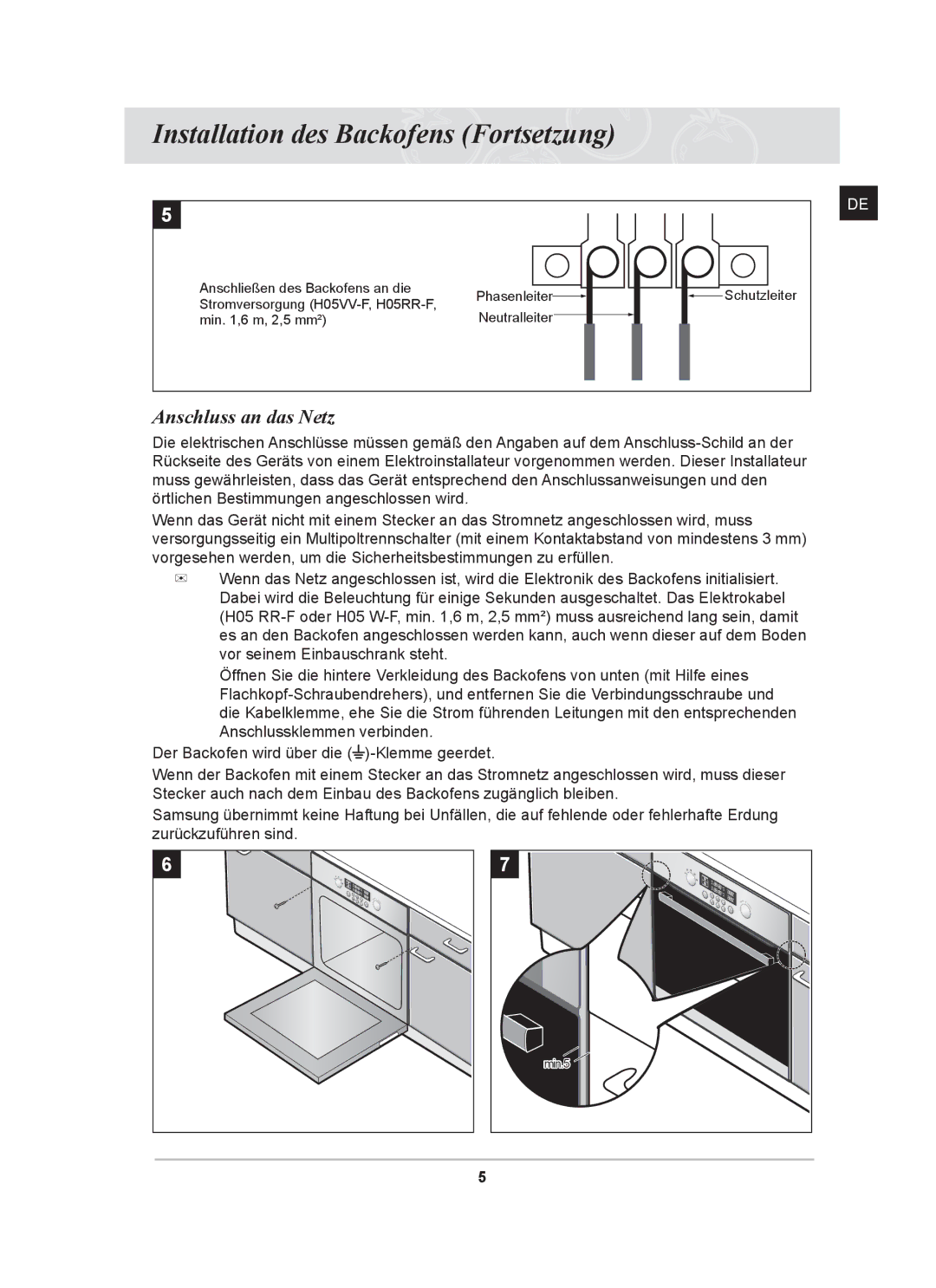 Samsung BT62CDST/XEG manual Installation des Backofens Fortsetzung, Anschluss an das Netz 