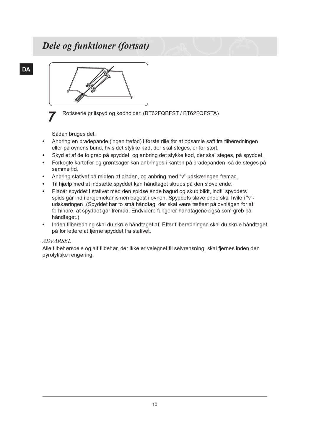 Samsung BT62FQBPST/XEE manual Dele og funktioner fortsat 