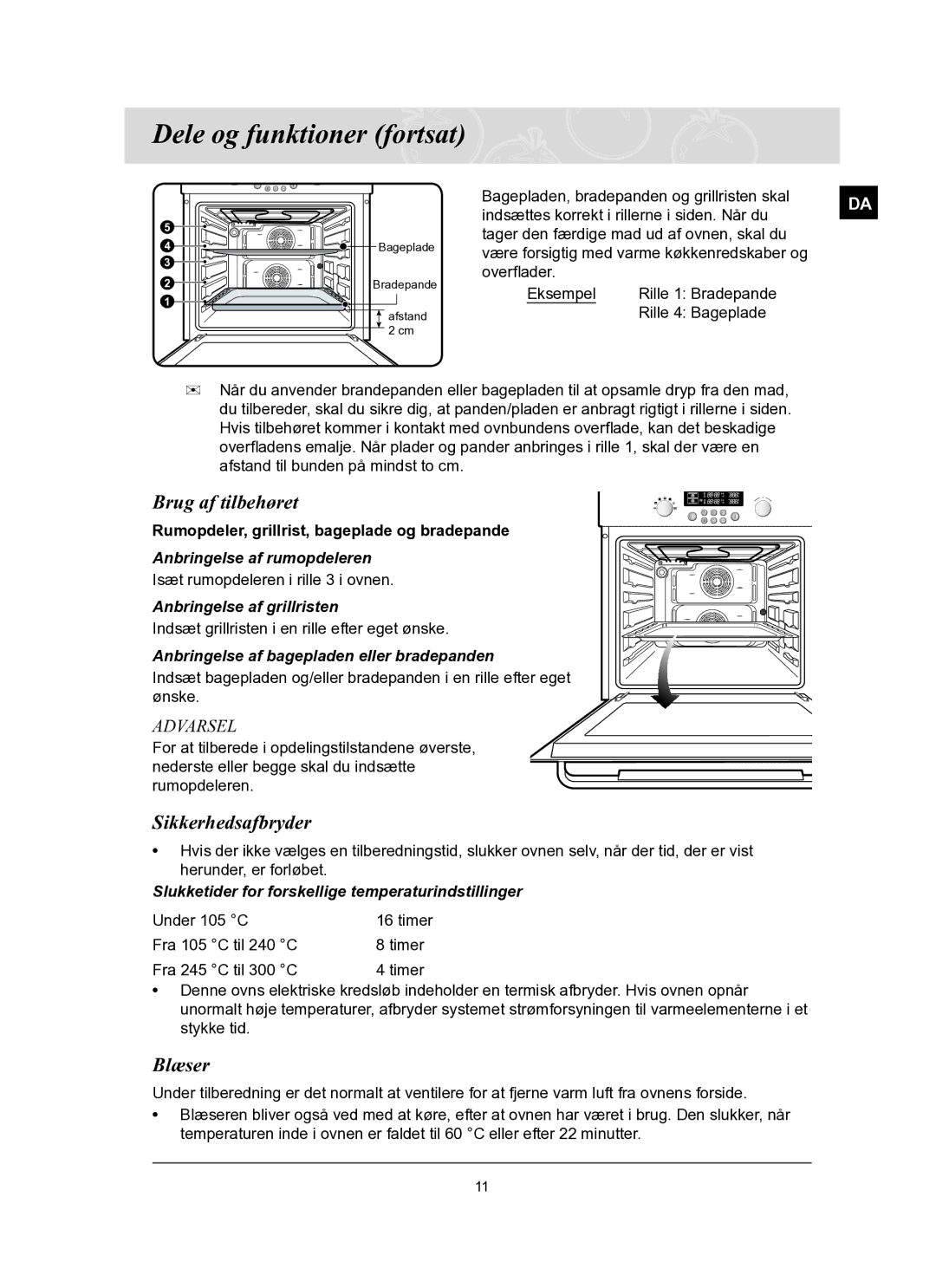 Samsung BT62FQBPST/XEE manual Brug af tilbehøret, Sikkerhedsafbryder, Blæser 