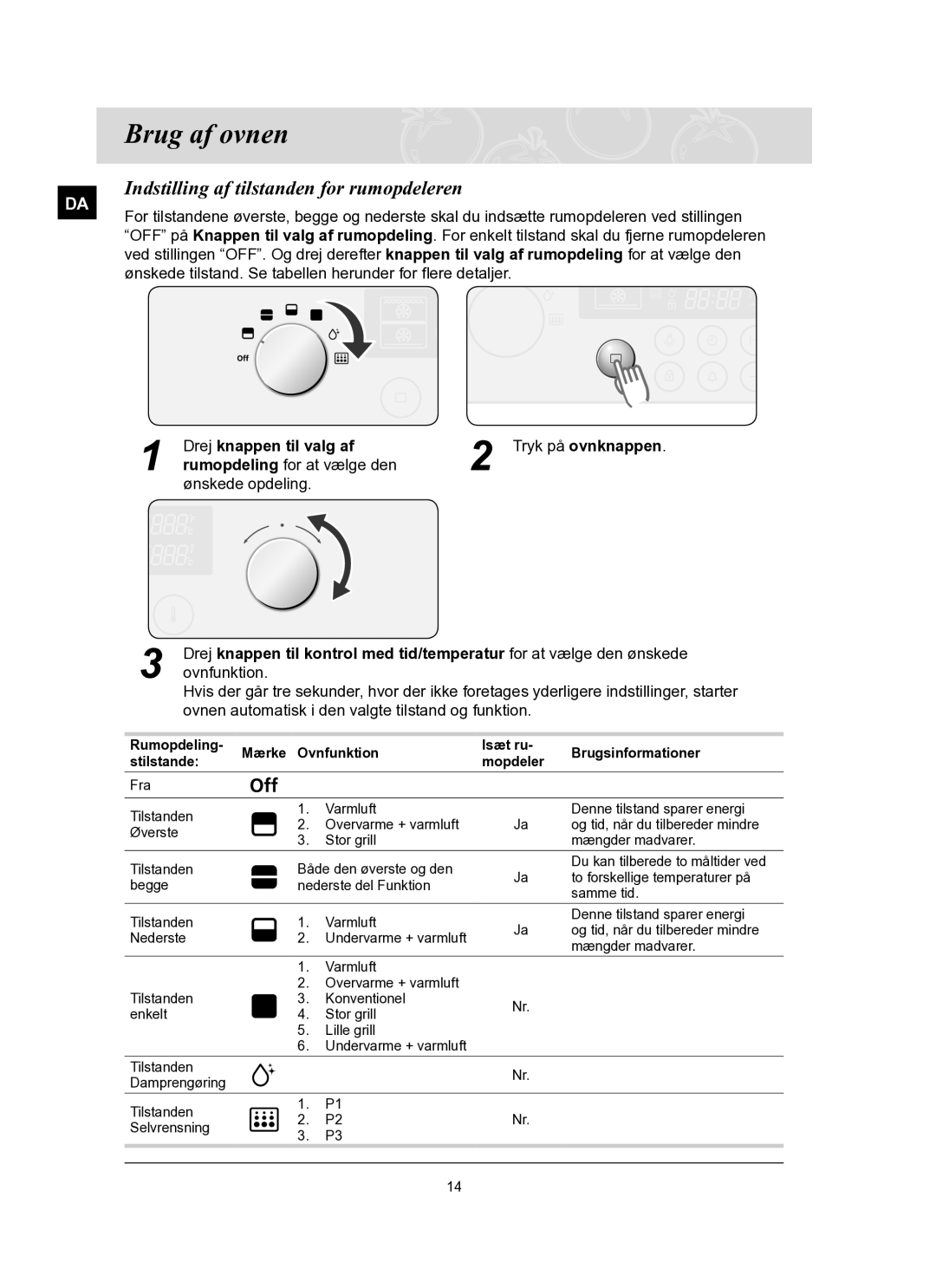 Samsung BT62FQBPST/XEE manual Brug af ovnen, Indstilling af tilstanden for rumopdeleren, Drej knappen til valg af 