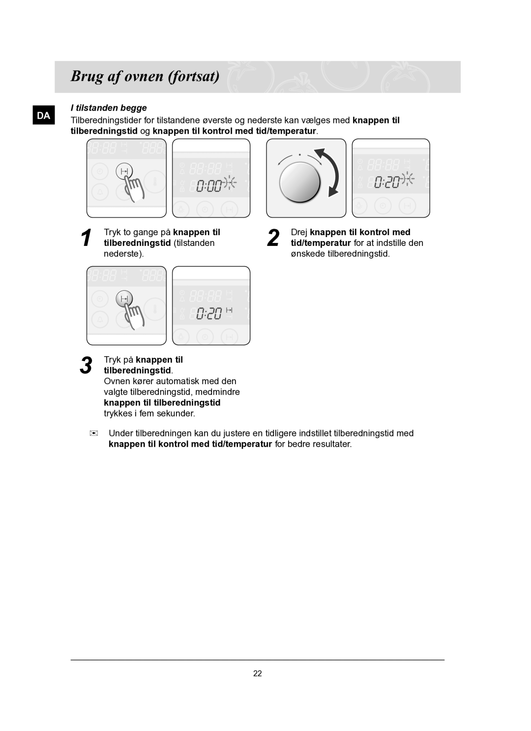 Samsung BT62FQBPST/XEE manual Tilberedningstid og knappen til kontrol med tid/temperatur 