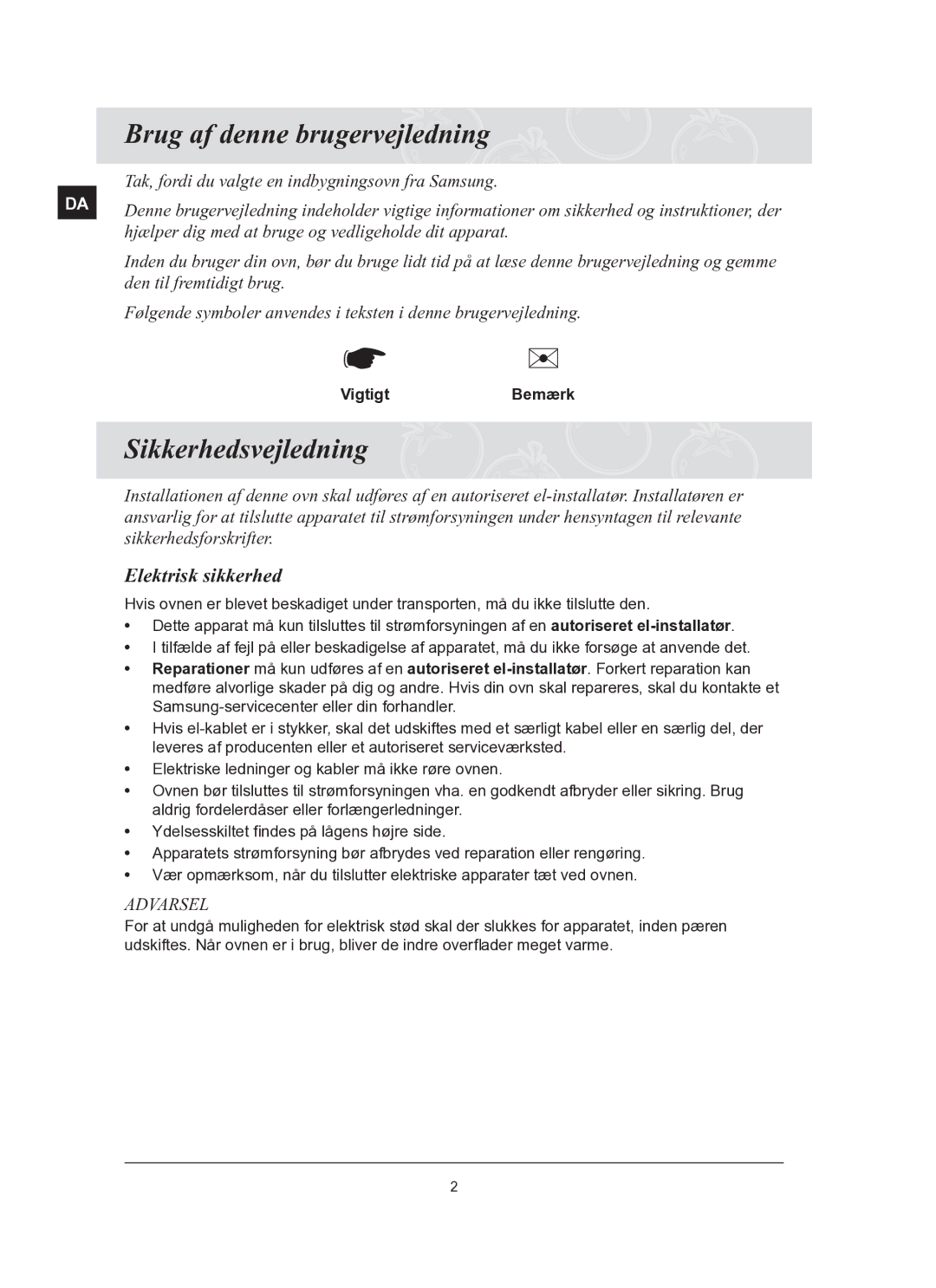 Samsung BT62FQBPST/XEE manual Brug af denne brugervejledning, Sikkerhedsvejledning, Elektrisk sikkerhed, VigtigtBemærk 