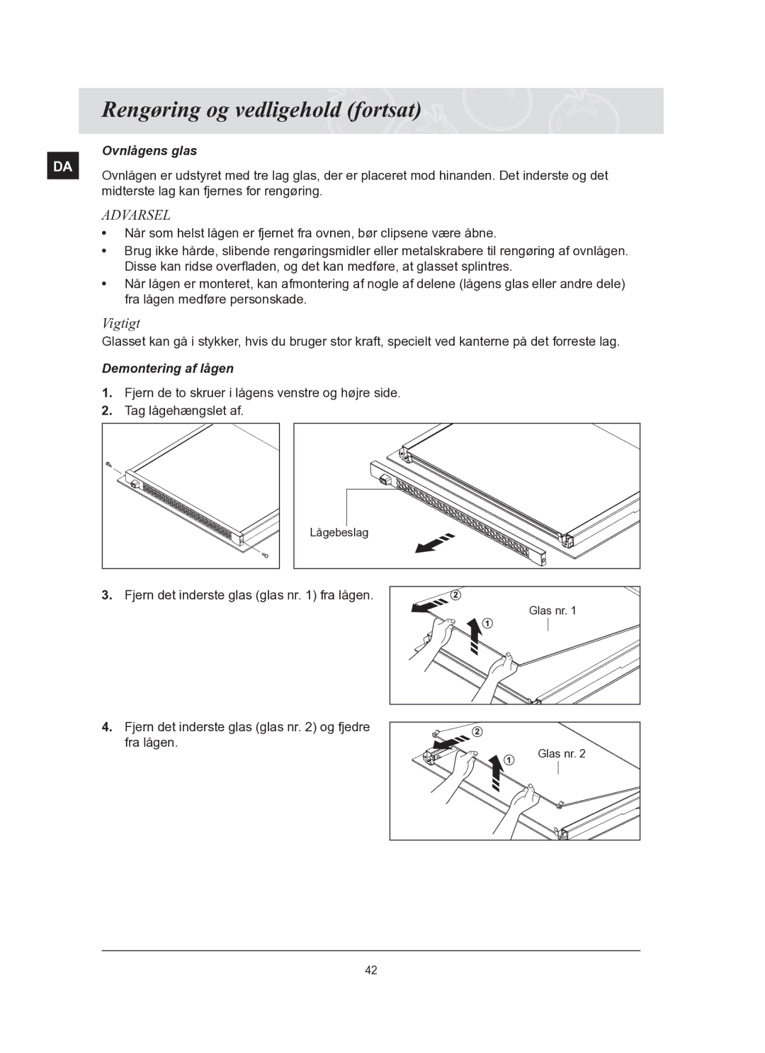 Samsung BT62FQBPST/XEE manual Ovnlågens glas, Demontering af lågen 