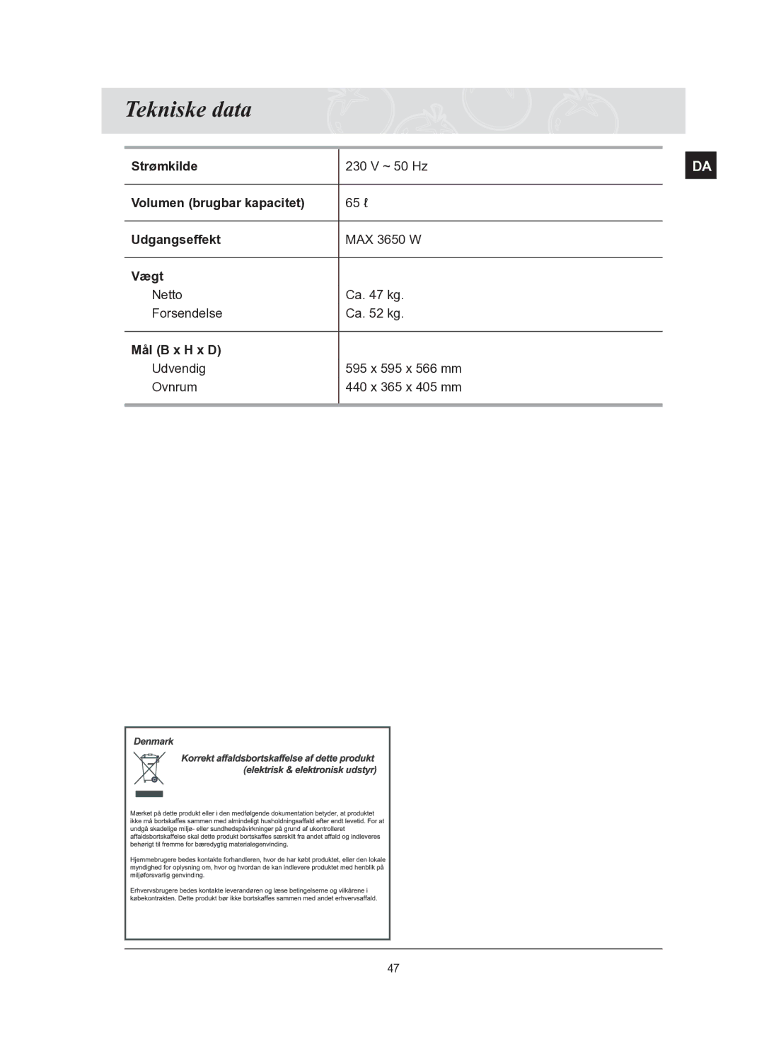 Samsung BT62FQBPST/XEE manual Tekniske data 