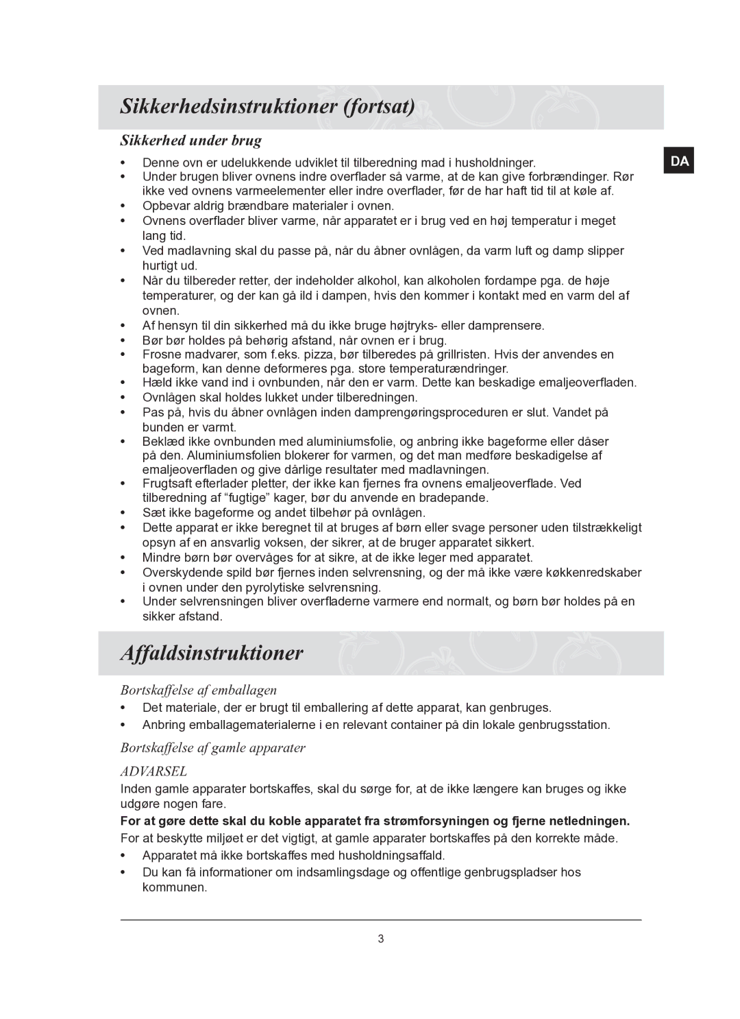 Samsung BT62FQBPST/XEE manual Sikkerhedsinstruktioner fortsat, Affaldsinstruktioner, Sikkerhed under brug 