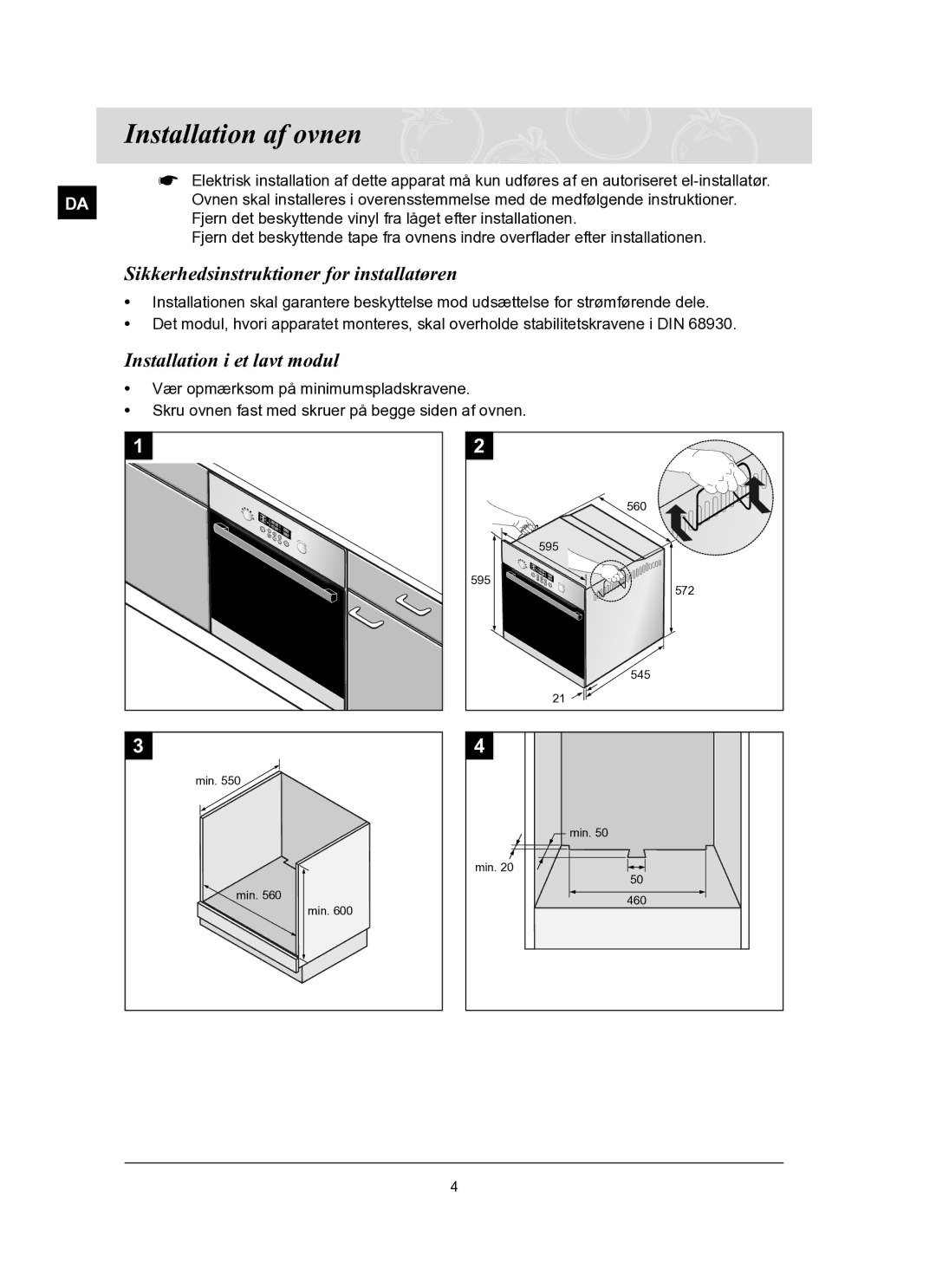 Samsung BT62FQBPST/XEE Installation af ovnen, Sikkerhedsinstruktioner for installatøren, Installation i et lavt modul 