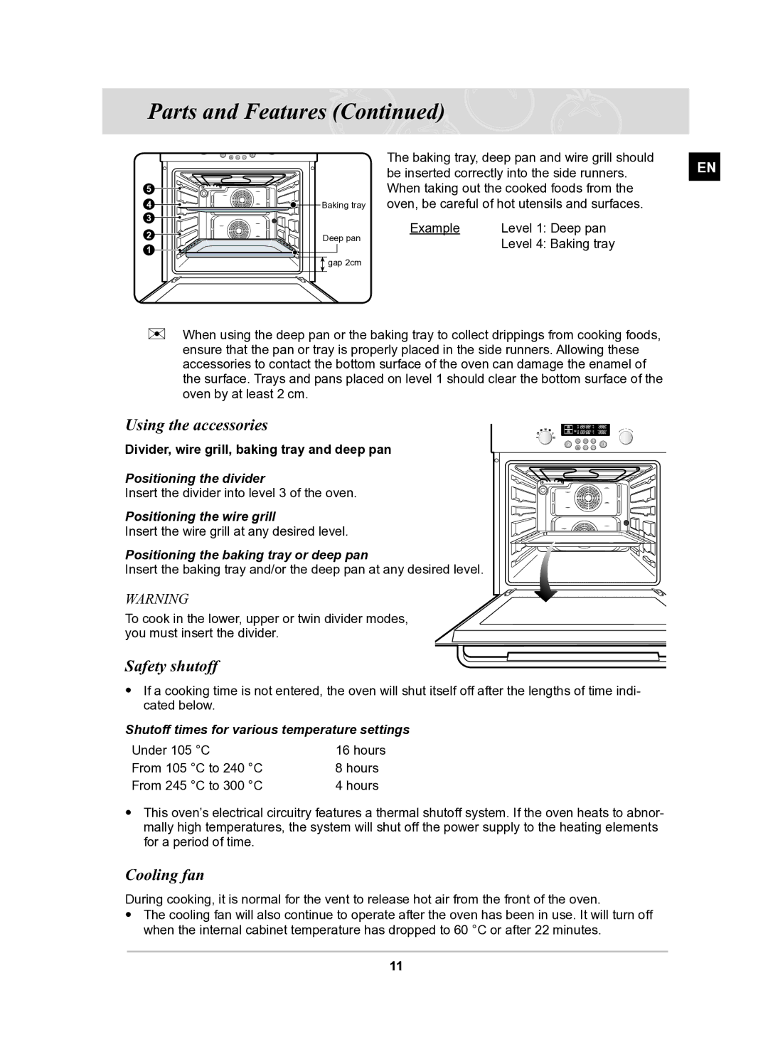 Samsung BT62FQBPST/XEE manual Using the accessories, Safety shutoff, Cooling fan 