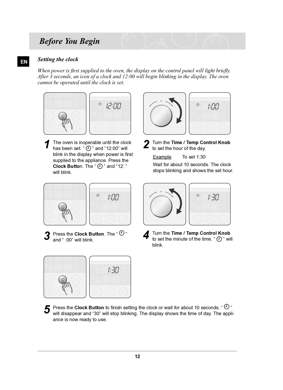 Samsung BT62FQBPST/XEE manual Before You Begin, Setting the clock, Cannot be operated until the clock is set 