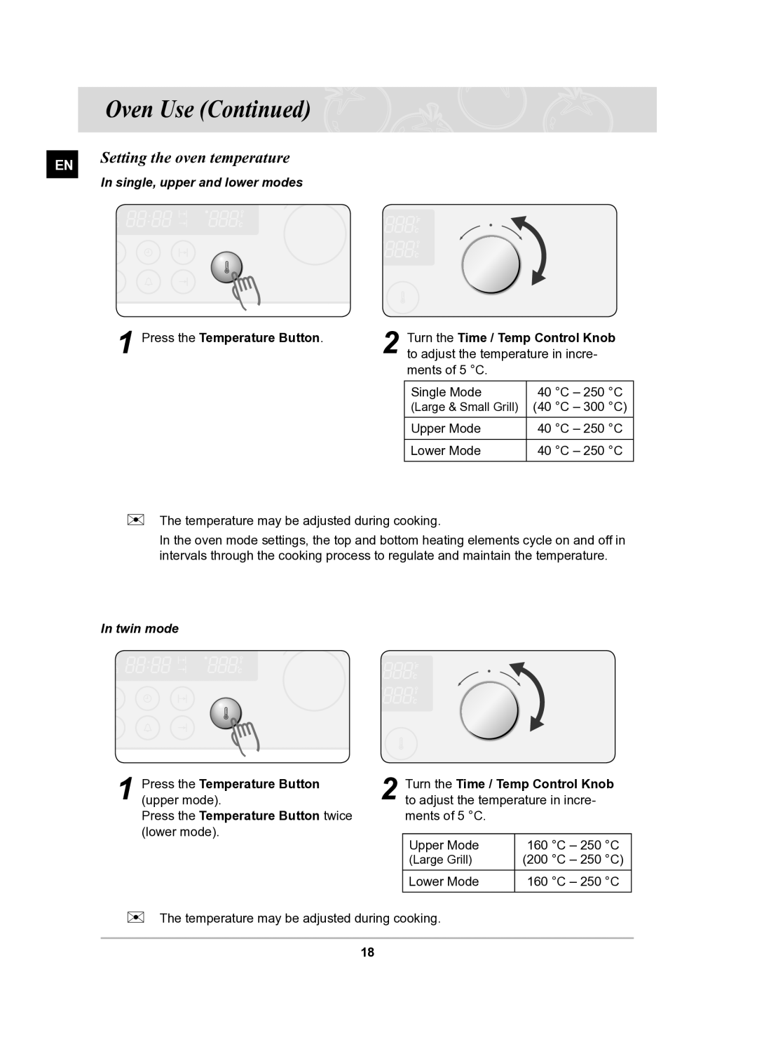 Samsung BT62FQBPST/XEE manual Setting the oven temperature, Press the Temperature Button twice 