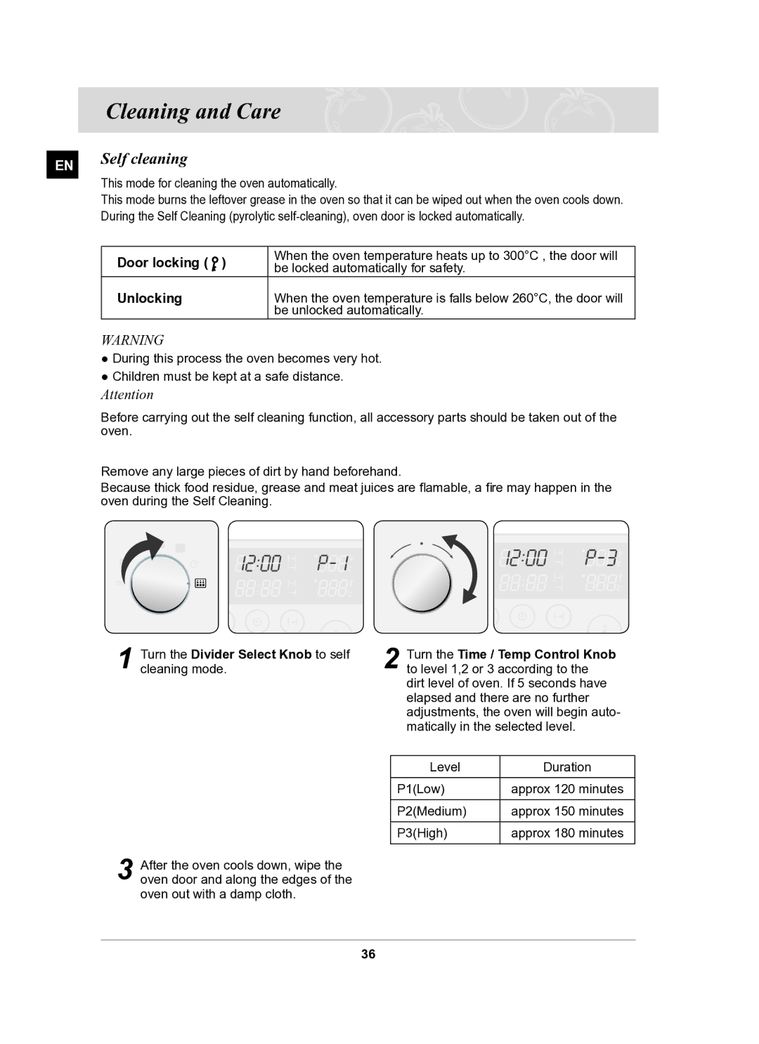 Samsung BT62FQBPST/XEE manual Cleaning and Care, Self cleaning, Door locking, Unlocking 