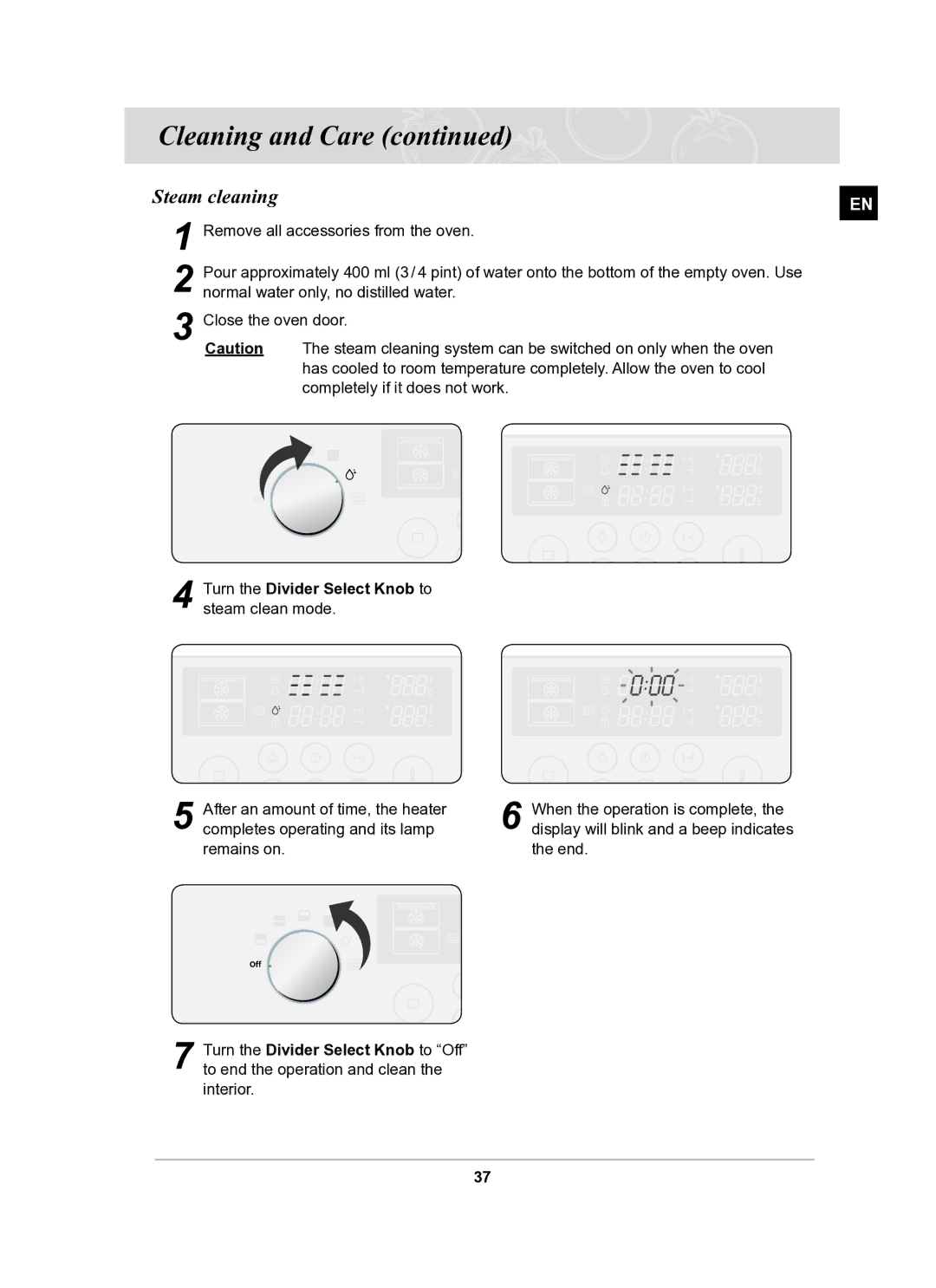 Samsung BT62FQBPST/XEE manual Steam cleaning, Turn the Divider Select Knob to steam clean mode 