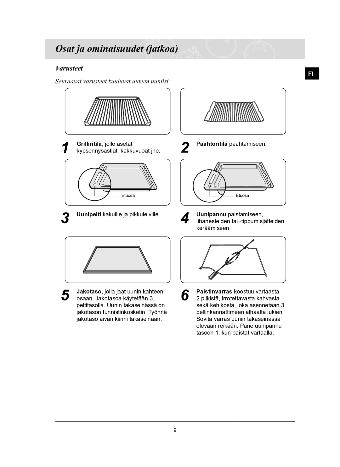 Samsung BT62FQBPST/XEE manual Varusteet, Seuraavat varusteet kuuluvat uuteen uuniisi 