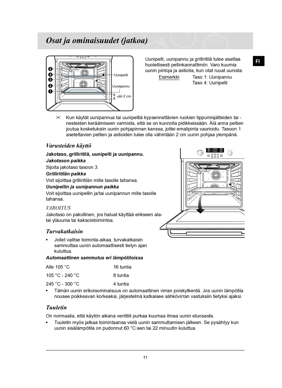 Samsung BT62FQBPST/XEE manual Varusteiden käyttö, Turvakatkaisin, Tuuletin 