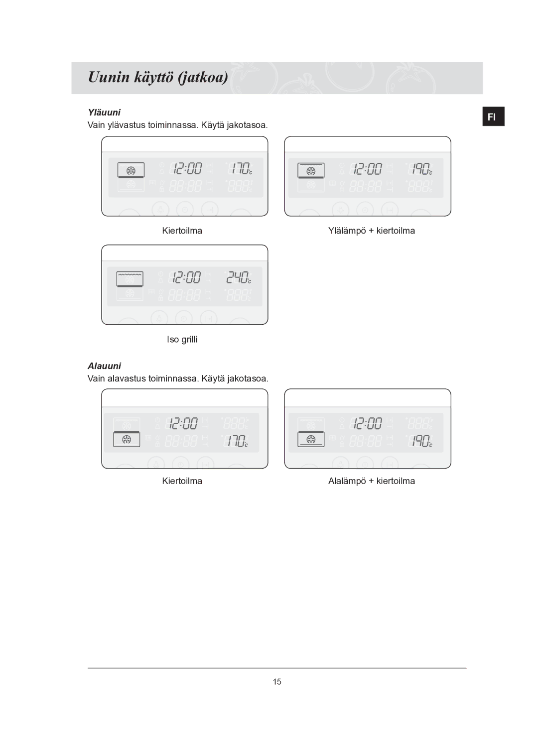 Samsung BT62FQBPST/XEE manual Uunin käyttö jatkoa, Yläuuni Vain ylävastus toiminnassa. Käytä jakotasoa, Alauuni 