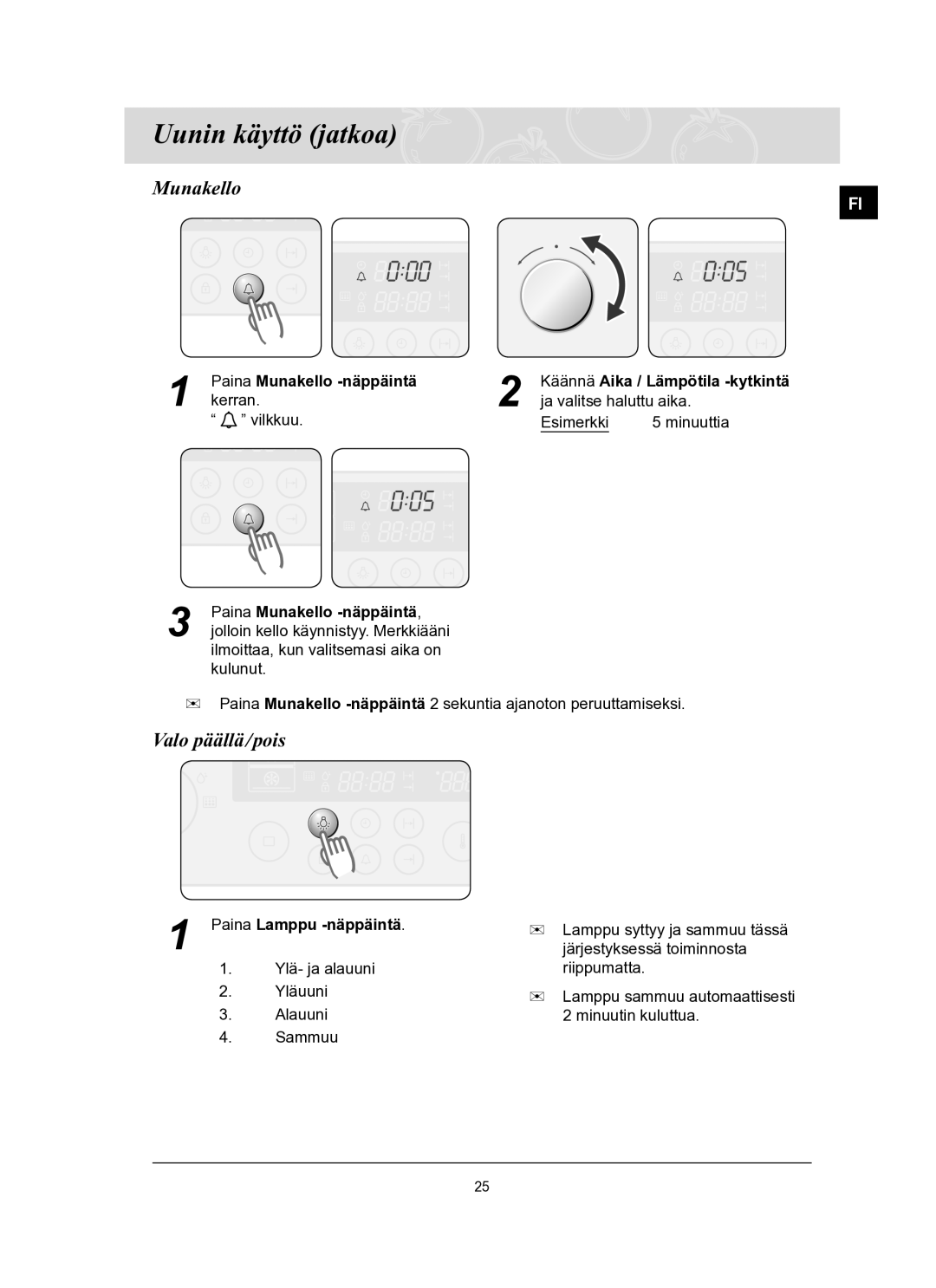 Samsung BT62FQBPST/XEE manual Valo päällä/pois, Paina Munakello -näppäintä, Paina Lamppu -näppäintä 