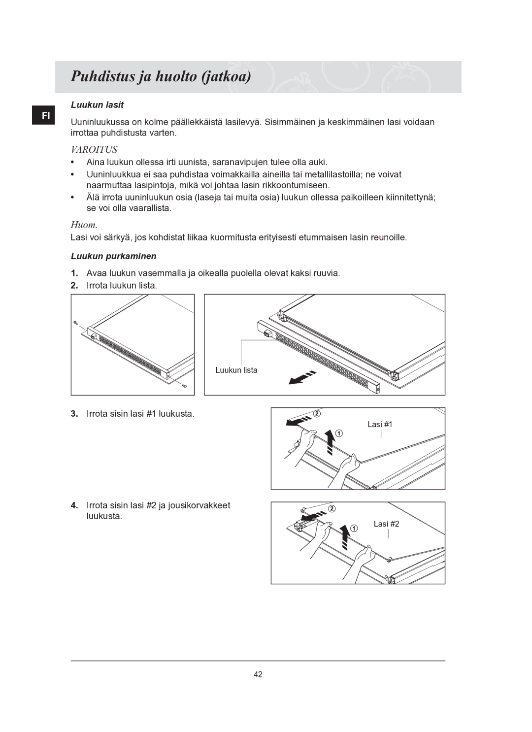 Samsung BT62FQBPST/XEE manual Luukun lasit, Luukun purkaminen 