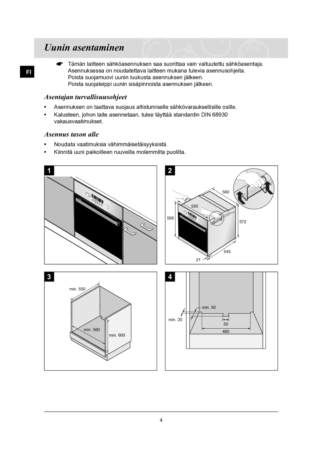 Samsung BT62FQBPST/XEE manual Uunin asentaminen, Asentajan turvallisuusohjeet, Asennus tason alle 