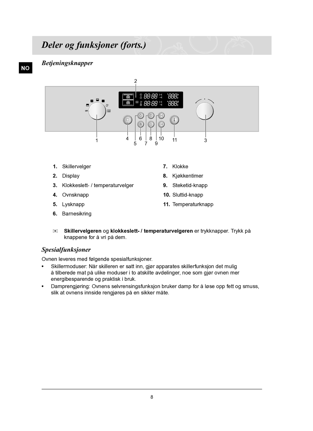 Samsung BT62FQBPST/XEE manual Deler og funksjoner forts, Betjeningsknapper, Spesialfunksjoner 