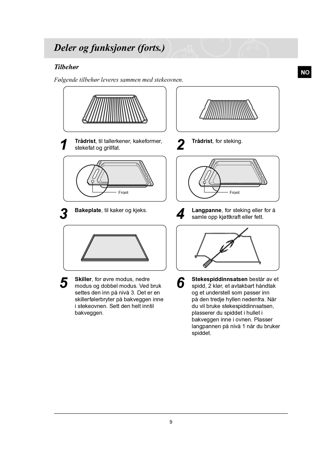 Samsung BT62FQBPST/XEE manual Tilbehør, Følgende tilbehør leveres sammen med stekeovnen 