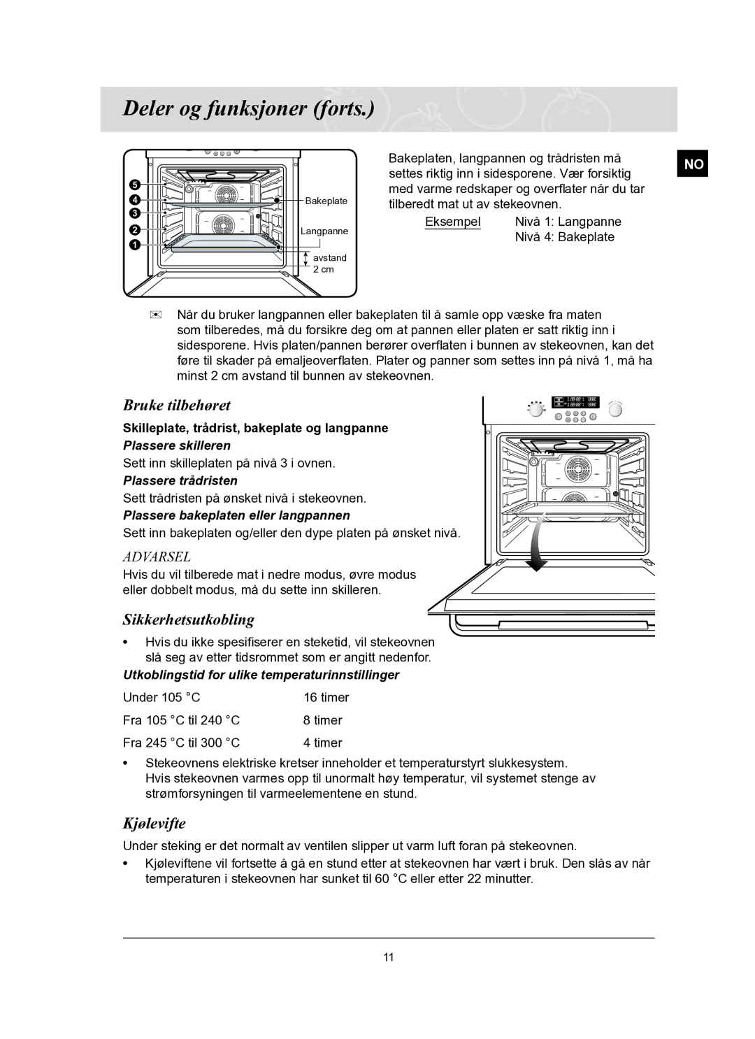 Samsung BT62FQBPST/XEE manual Bruke tilbehøret, Sikkerhetsutkobling, Kjølevifte 