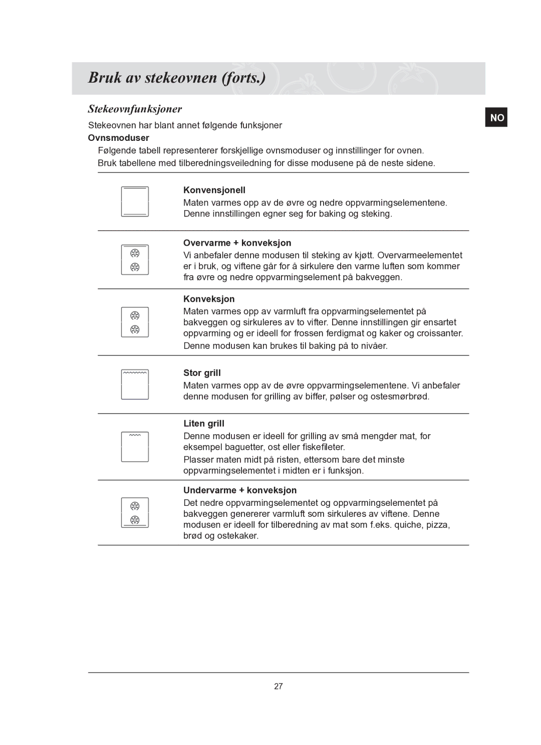 Samsung BT62FQBPST/XEE manual Stekeovnfunksjoner 