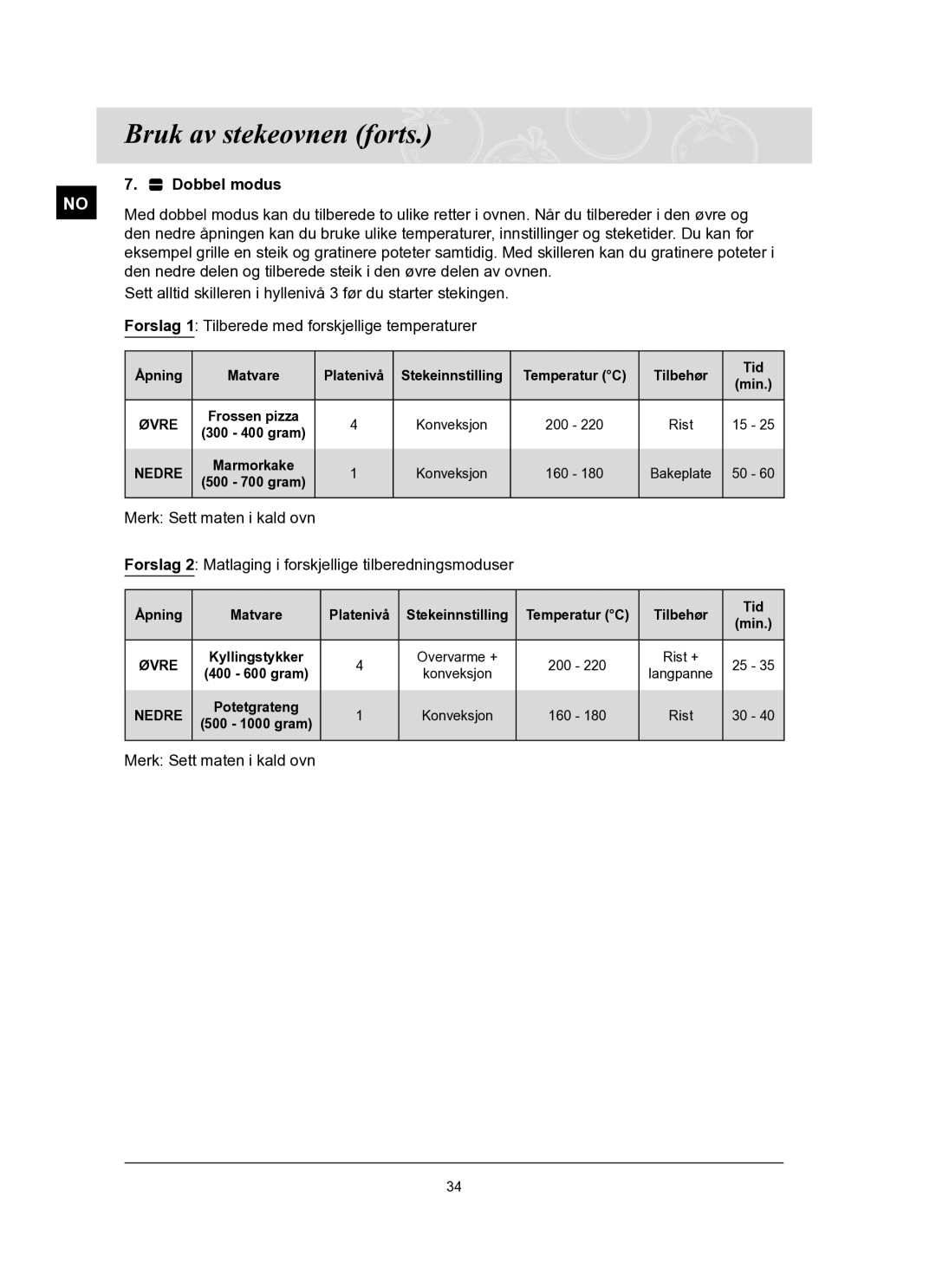 Samsung BT62FQBPST/XEE manual Merk Sett maten i kald ovn, Forslag 2 Matlaging i forskjellige tilberedningsmoduser 