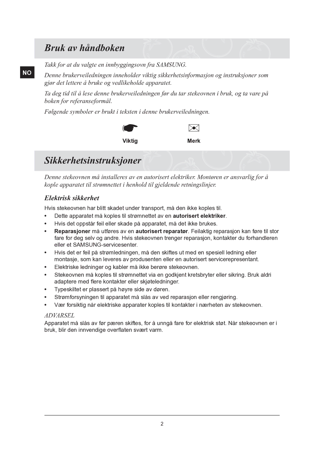 Samsung BT62FQBPST/XEE manual Bruk av håndboken, Sikkerhetsinstruksjoner, Elektrisk sikkerhet 