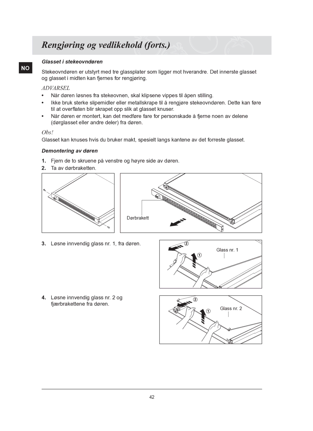 Samsung BT62FQBPST/XEE manual Glasset i stekeovndøren, Demontering av døren 