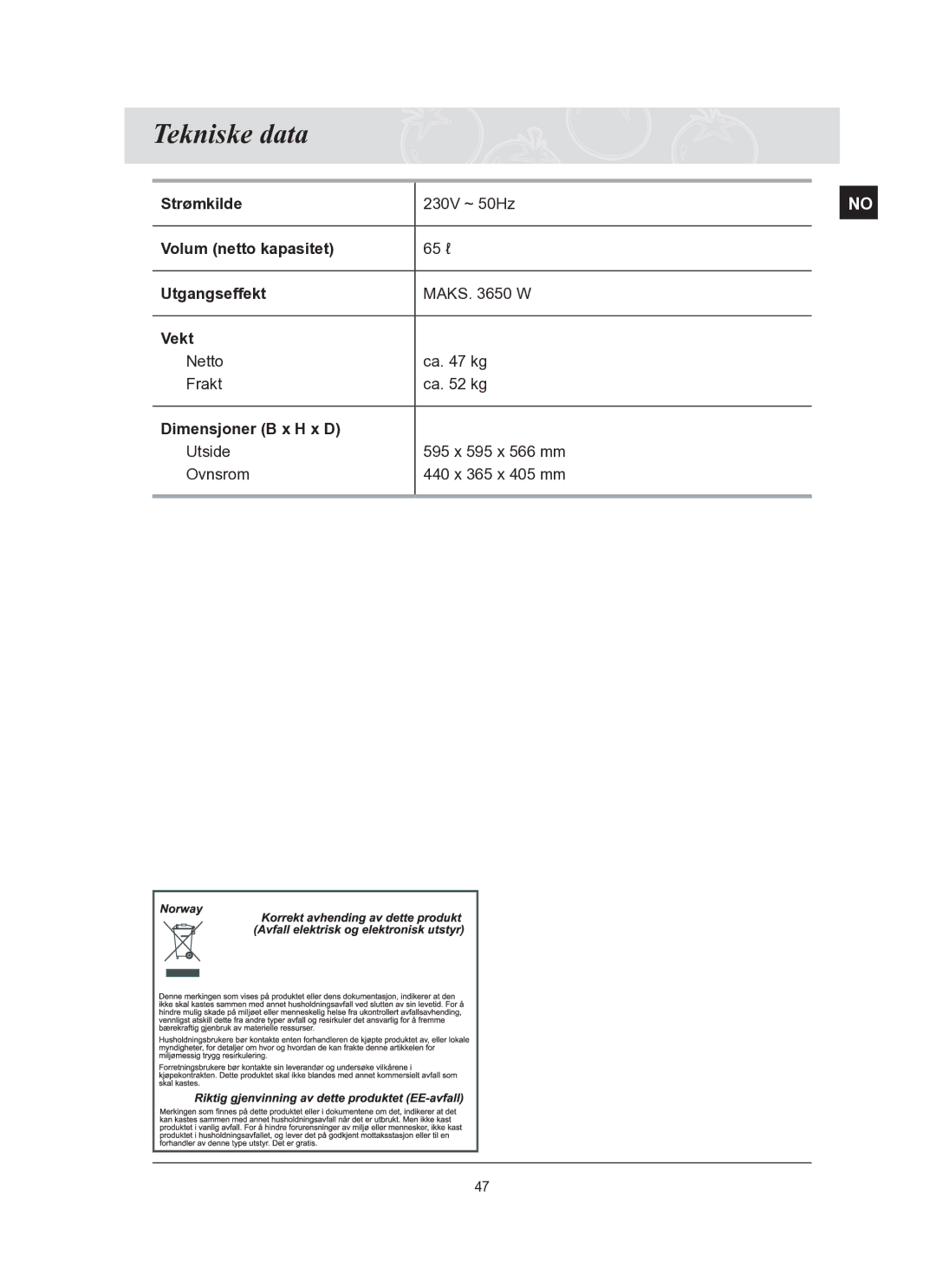 Samsung BT62FQBPST/XEE manual Tekniske data 