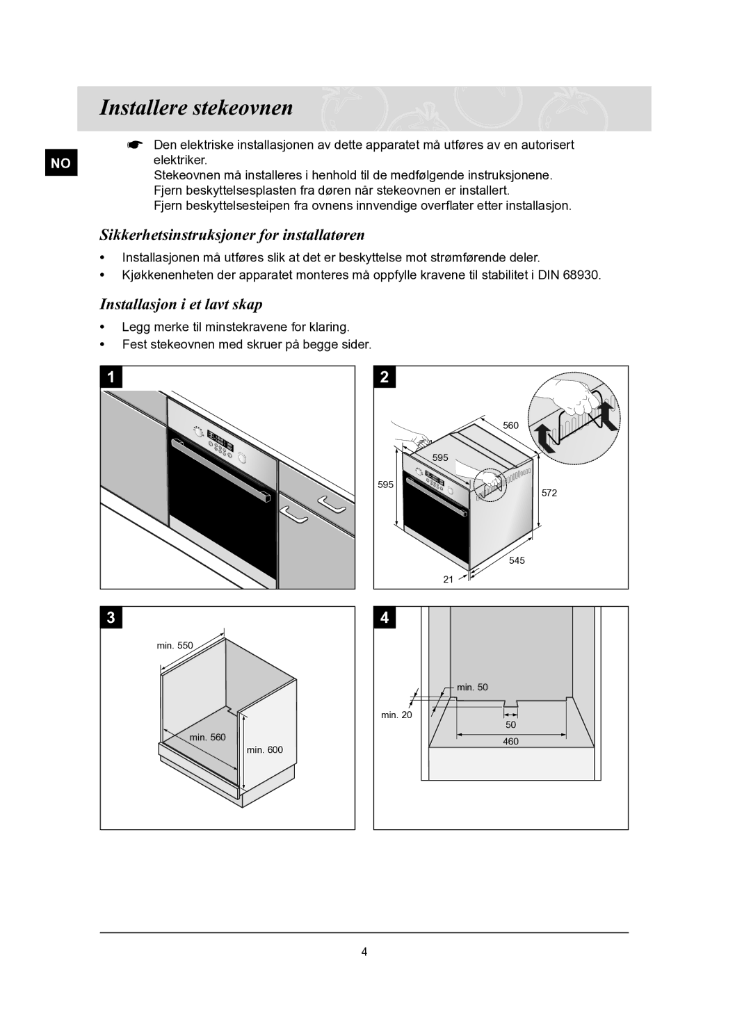 Samsung BT62FQBPST/XEE manual Installere stekeovnen, Sikkerhetsinstruksjoner for installatøren, Installasjon i et lavt skap 