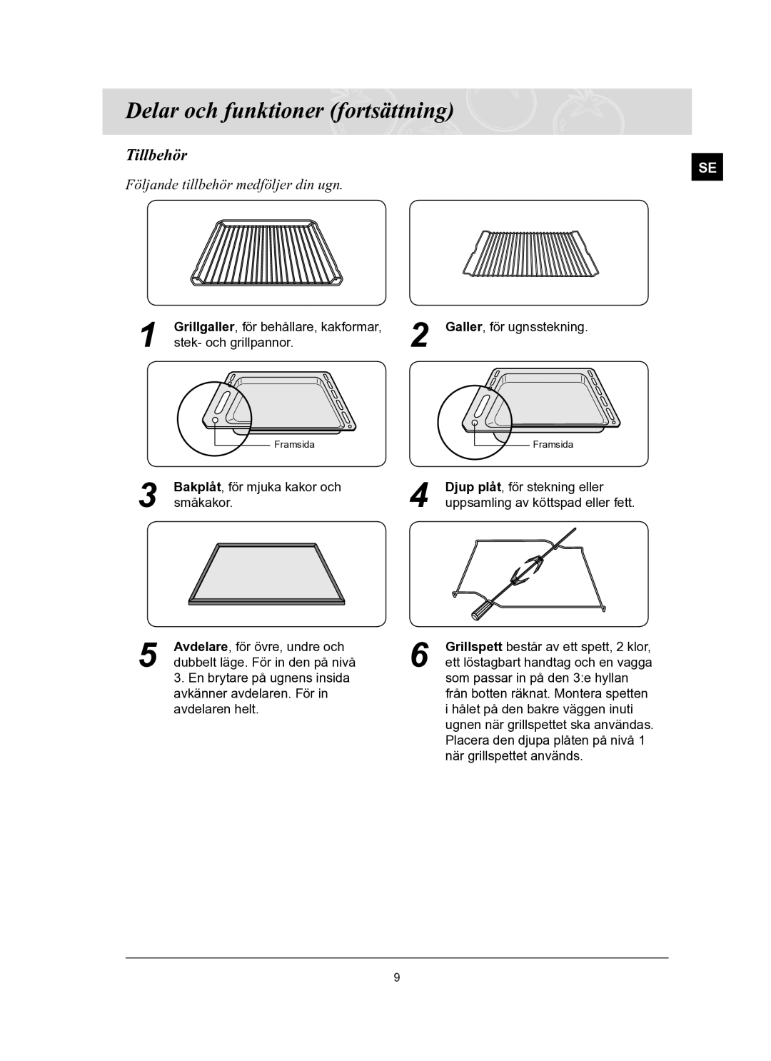 Samsung BT62FQBPST/XEE manual Tillbehör, Följande tillbehör medföljer din ugn 